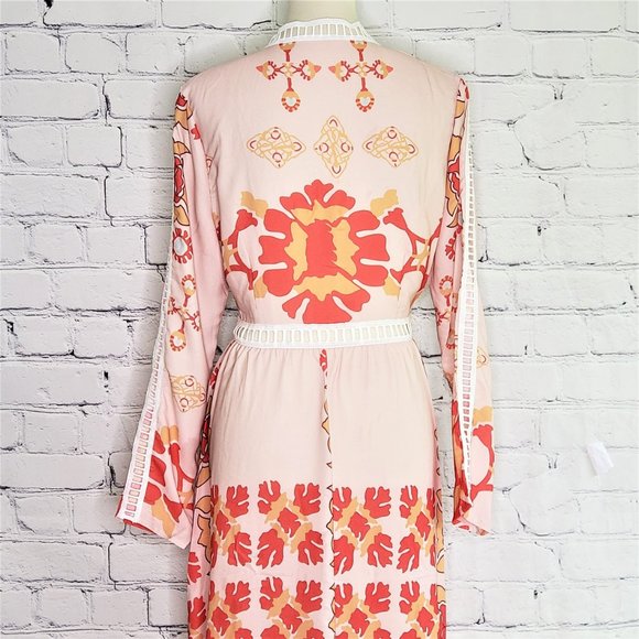 NWT Cage Trimmed Boho Beige Red Gold Maxi Dress - Picture 7 of 9